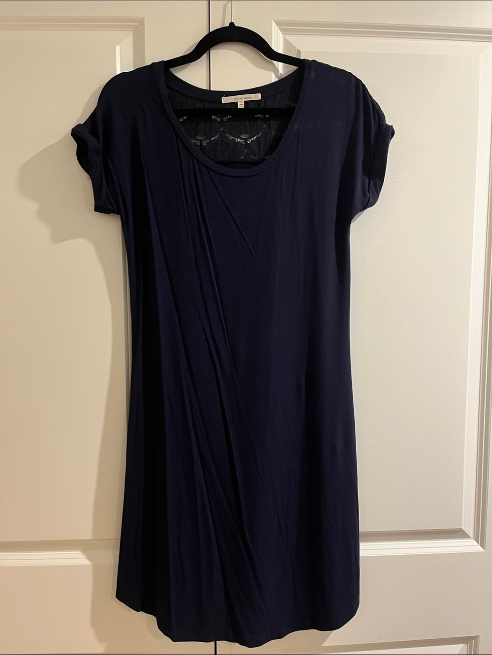 Navy Short Sleeve Scoop Neck Dress with Lace Back Design